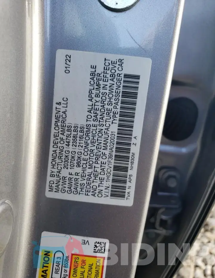 1HGCV1F39NA020031 Photo# 12