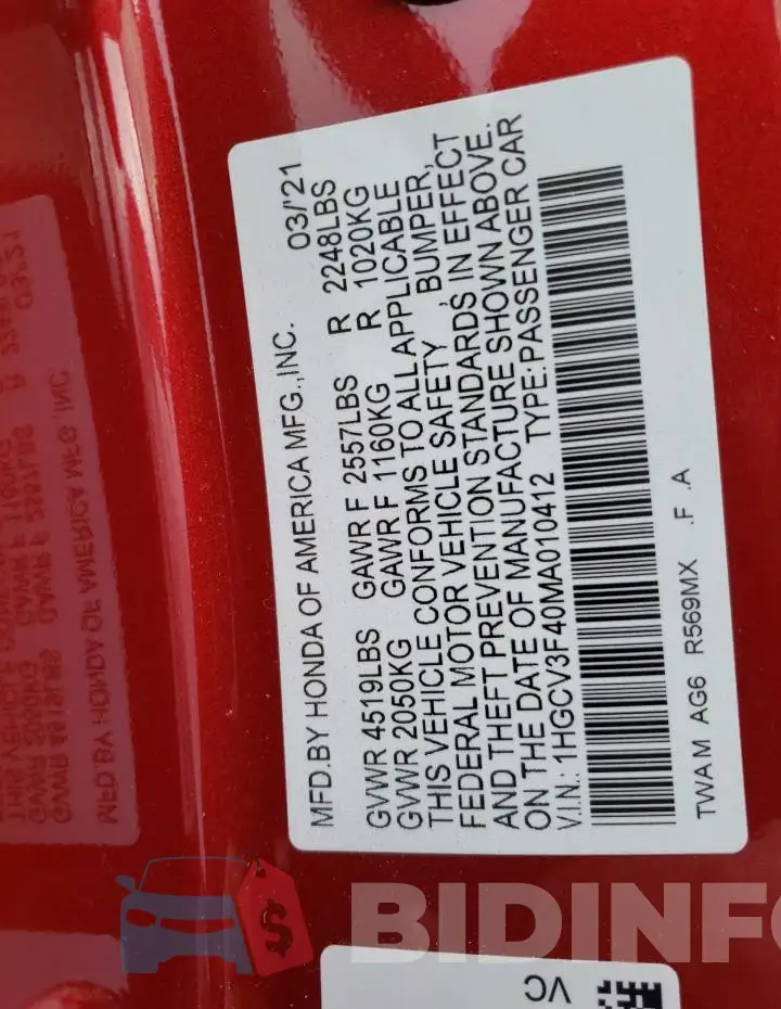 1HGCV3F40MA010412 Photo# 12