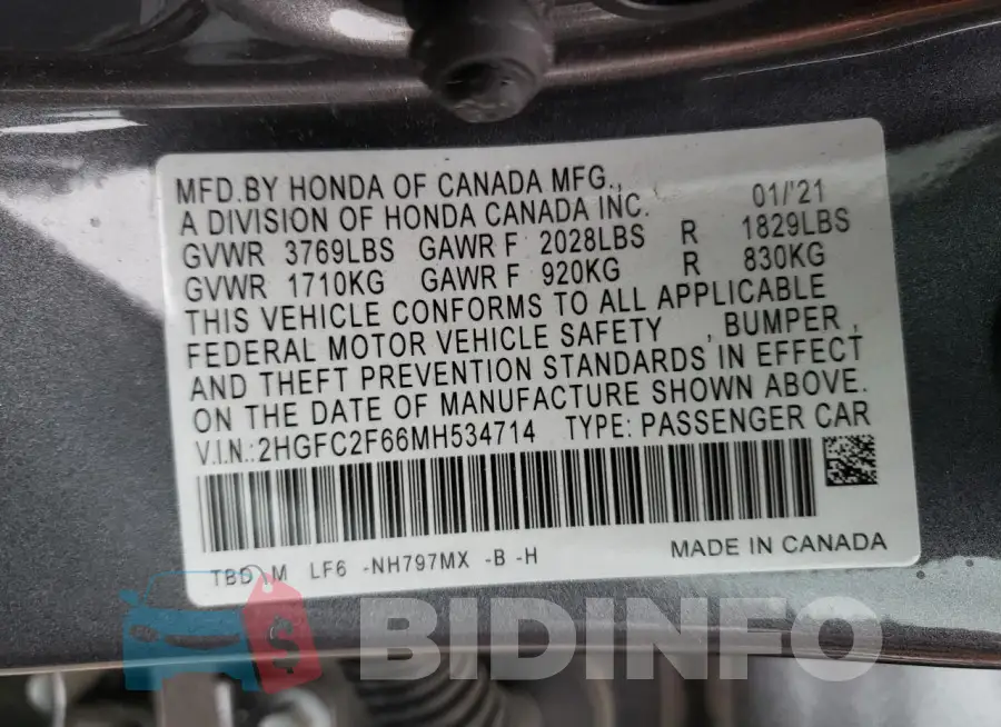 2HGFC2F66MH534714 Photo# 12