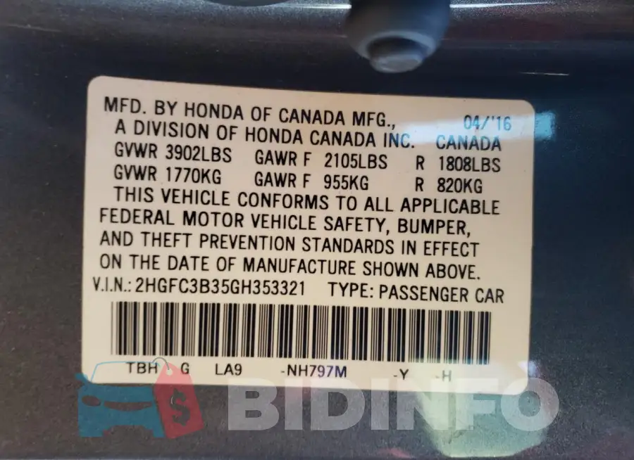 2HGFC3B35GH353321 Photo# 12
