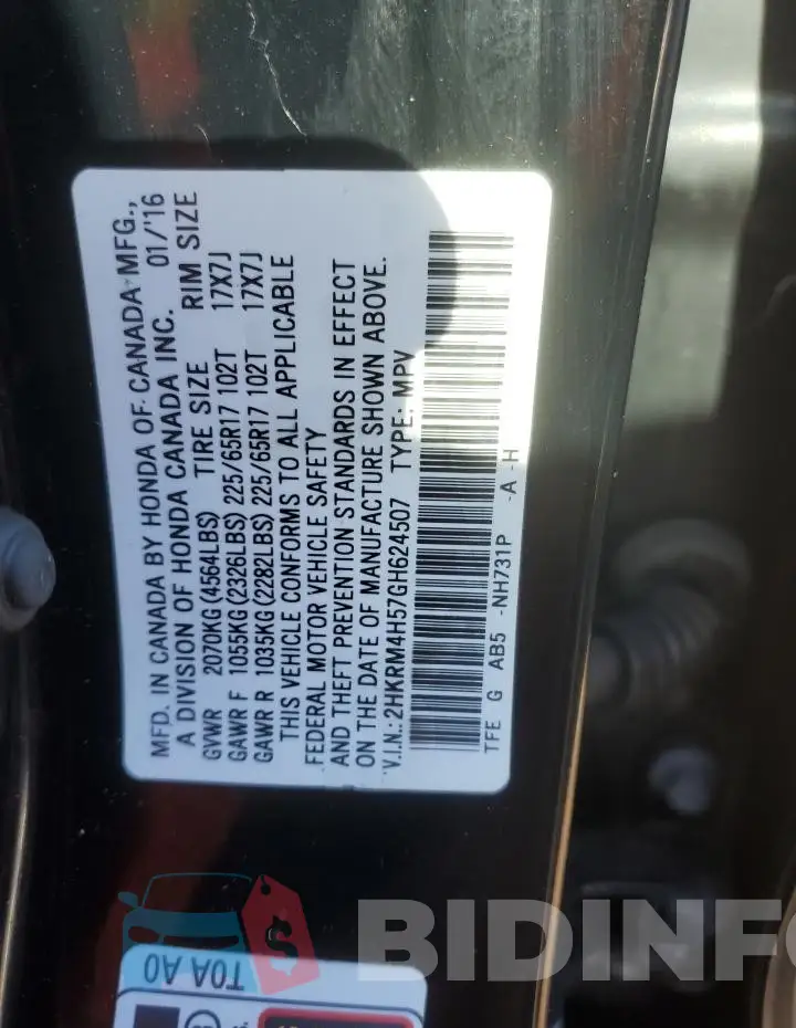 2HKRM4H57GH624507 Photo# 12