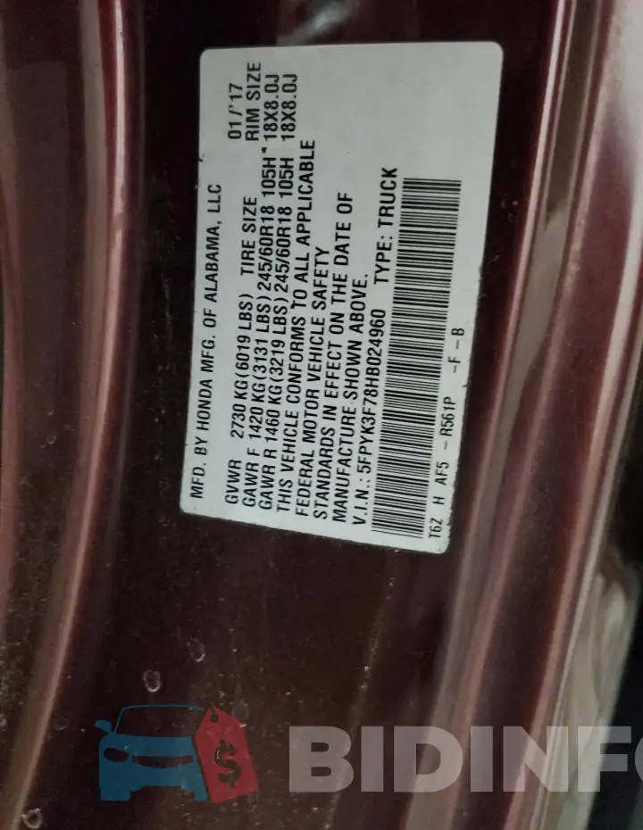 5FPYK3F78HB024960 Photo# 13