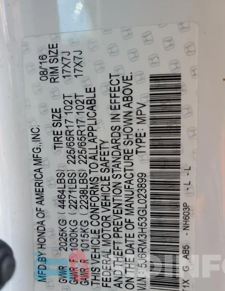 5J6RM3H53GL023899 Photo# 13