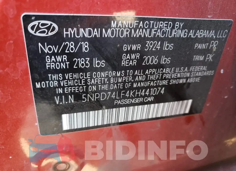 5NPD74LF4KH441074 Photo# 12