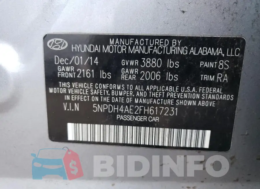 5NPDH4AE2FH617231 Photo# 12