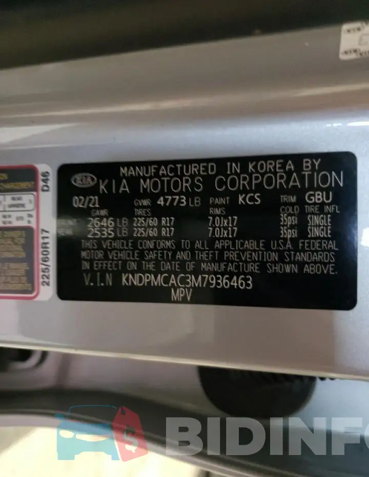 KNDPMCAC3M7936463 Photo# 14