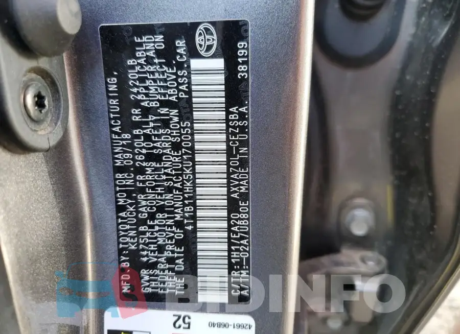 4T1B11HK5KU170055 Photo# 12