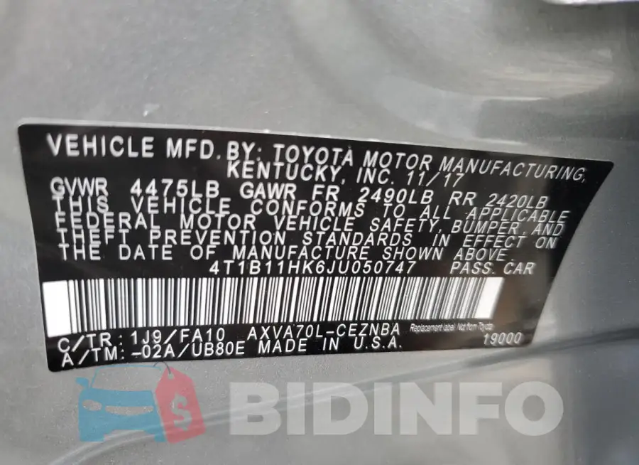 4T1B11HK6JU050747 Photo# 12
