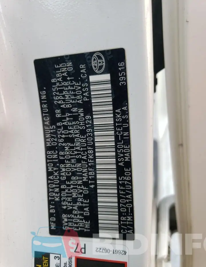 4T1BF1FK8FU039129 Photo# 12
