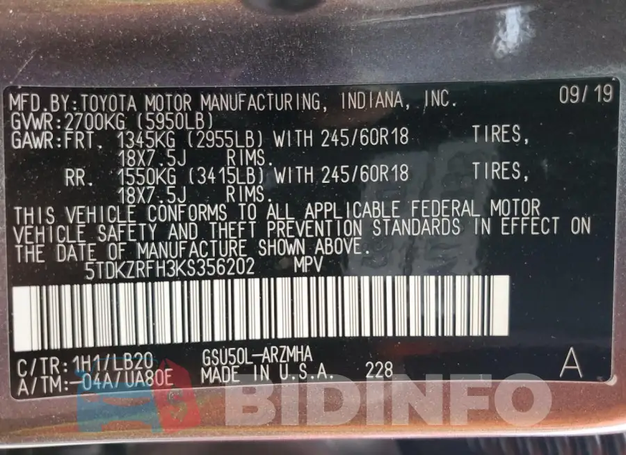 5TDKZRFH3KS356202 Photo# 13