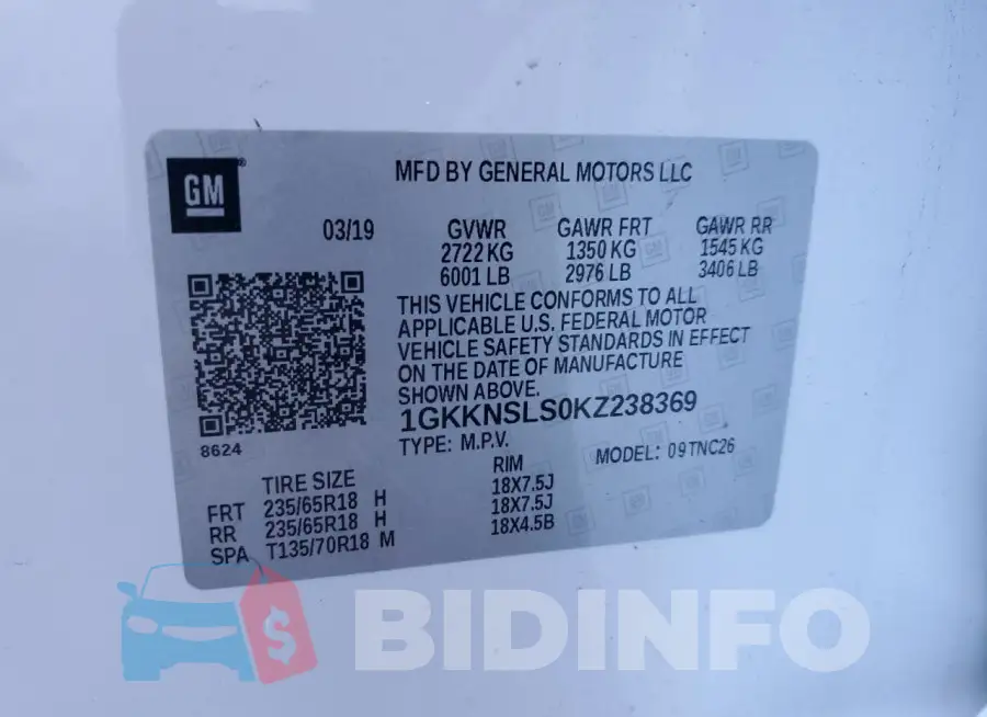 1GKKNSLS0KZ238369 Photo# 13