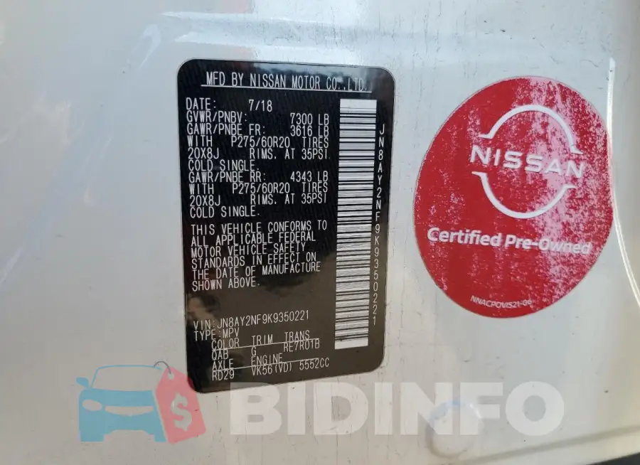 JN8AY2NF9K9350221 Photo# 13