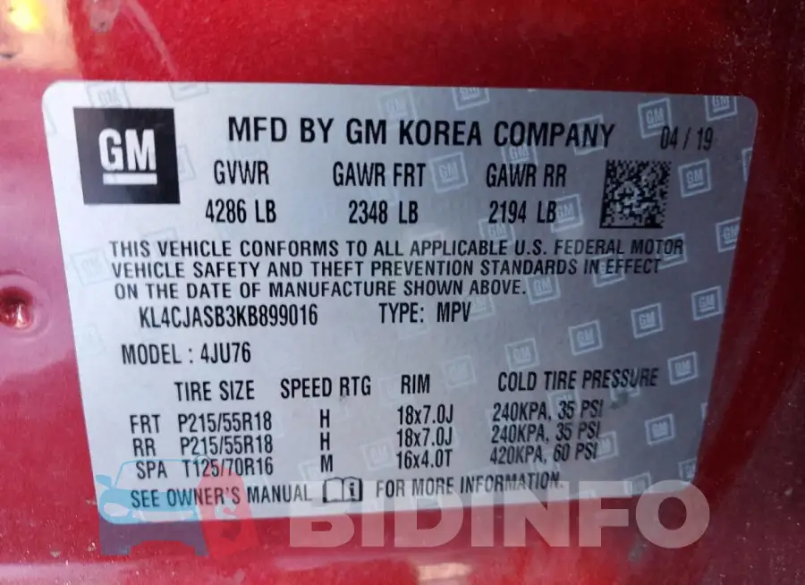 KL4CJASB3KB899016 Photo# 14