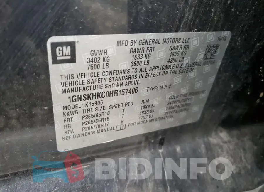 1GNSKHKC0HR157406 Photo# 13