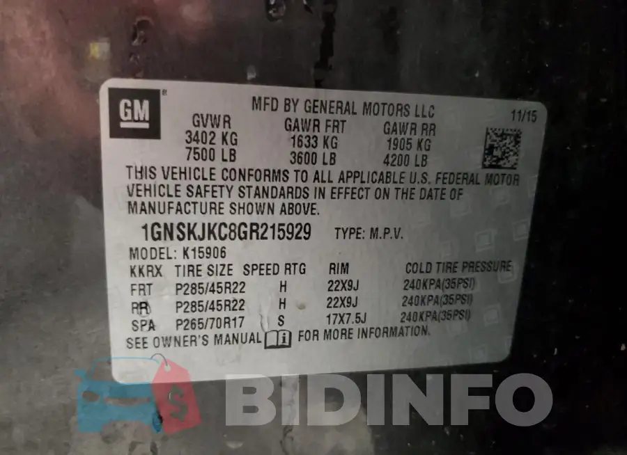 1GNSKJKC8GR215929 Photo# 13