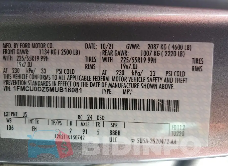 1FMCU0DZ5MUB18081 Photo# 13