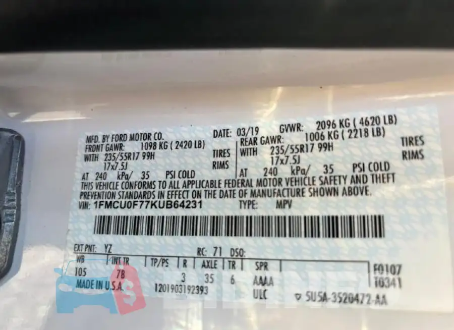 1FMCU0F77KUB64231 Photo# 10