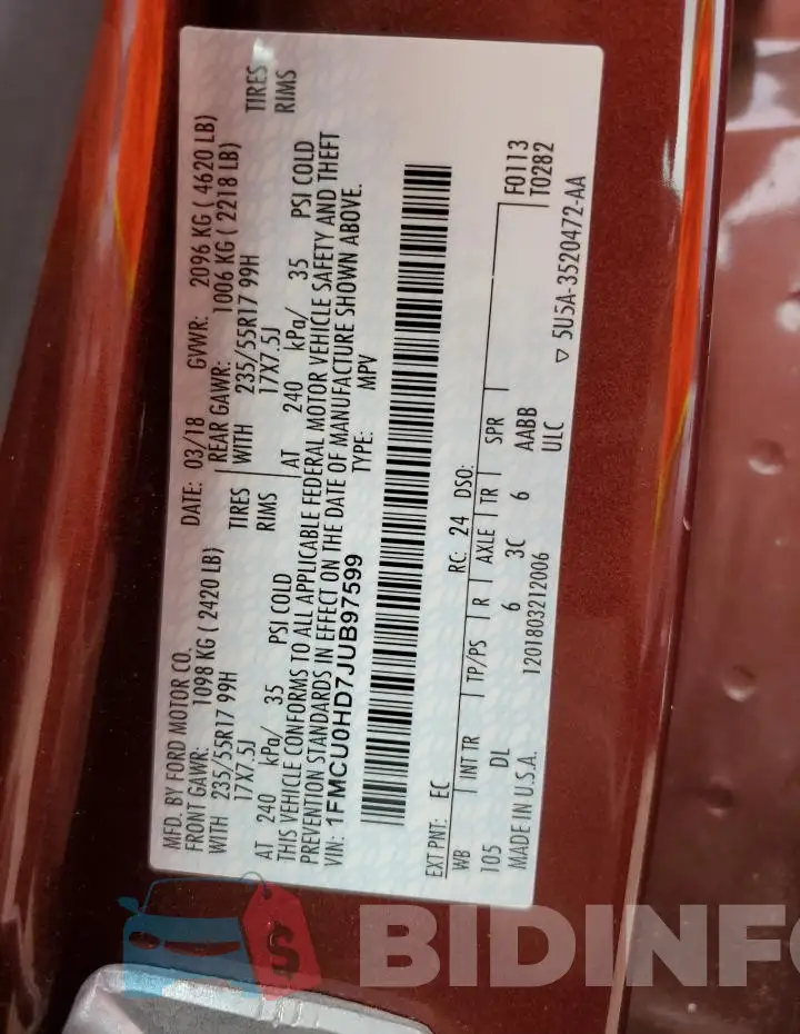 1FMCU0HD7JUB97599 Photo# 13
