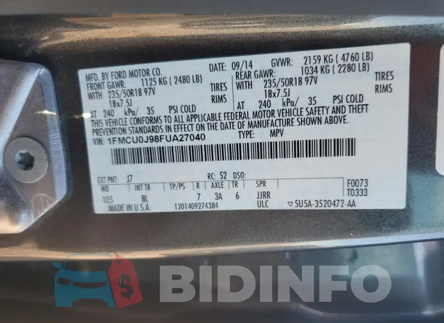 1FMCU0J98FUA27040 Photo# 12