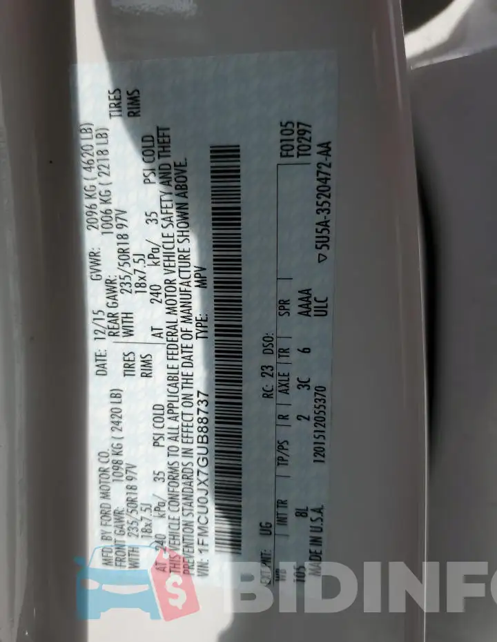 1FMCU0JX7GUB88737 Photo# 14