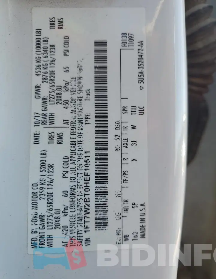 1FT7W2BT0HEF10511 Photo# 12
