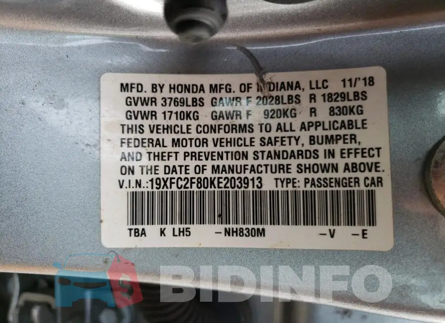 19XFC2F80KE203913 Photo# 12
