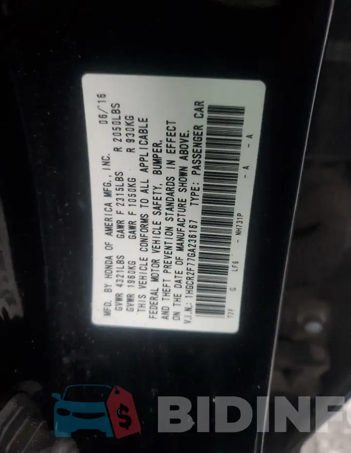 1HGCR2F77GA236167 Photo# 12