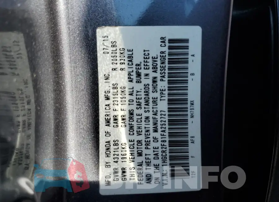 1HGCR2F81FA252727 Photo# 13