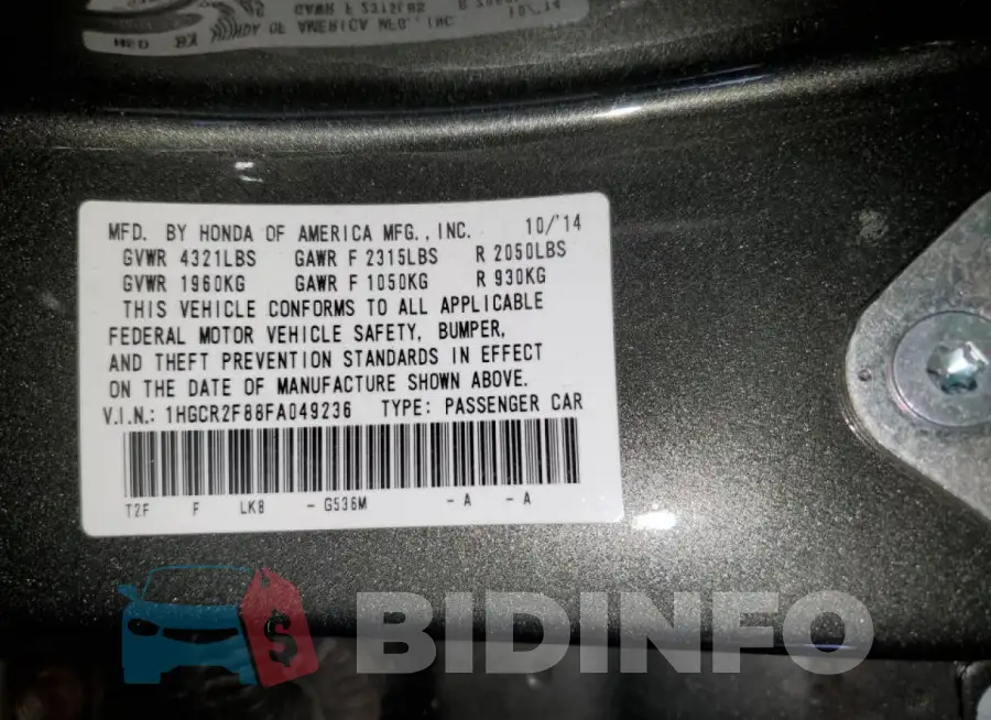 1HGCR2F88FA049236 Photo# 12