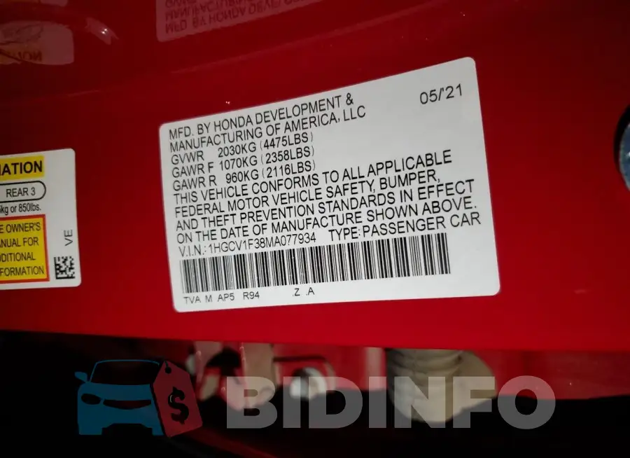 1HGCV1F38MA077934 Photo# 12