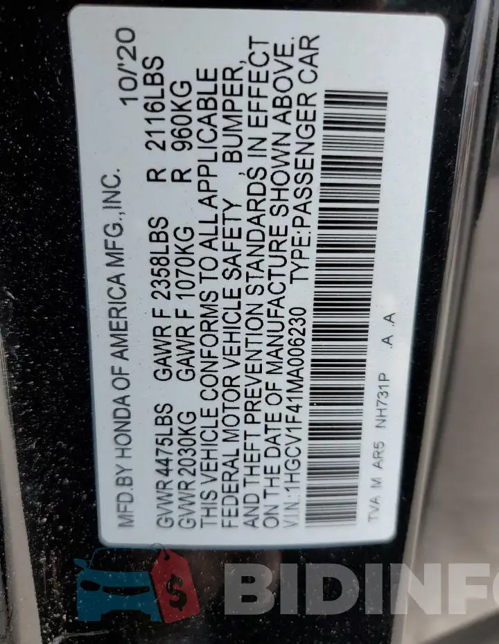 1HGCV1F41MA006230 Photo# 12