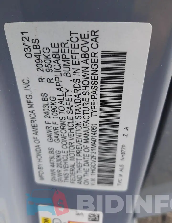 1HGCV2F31MA014051 Photo# 12