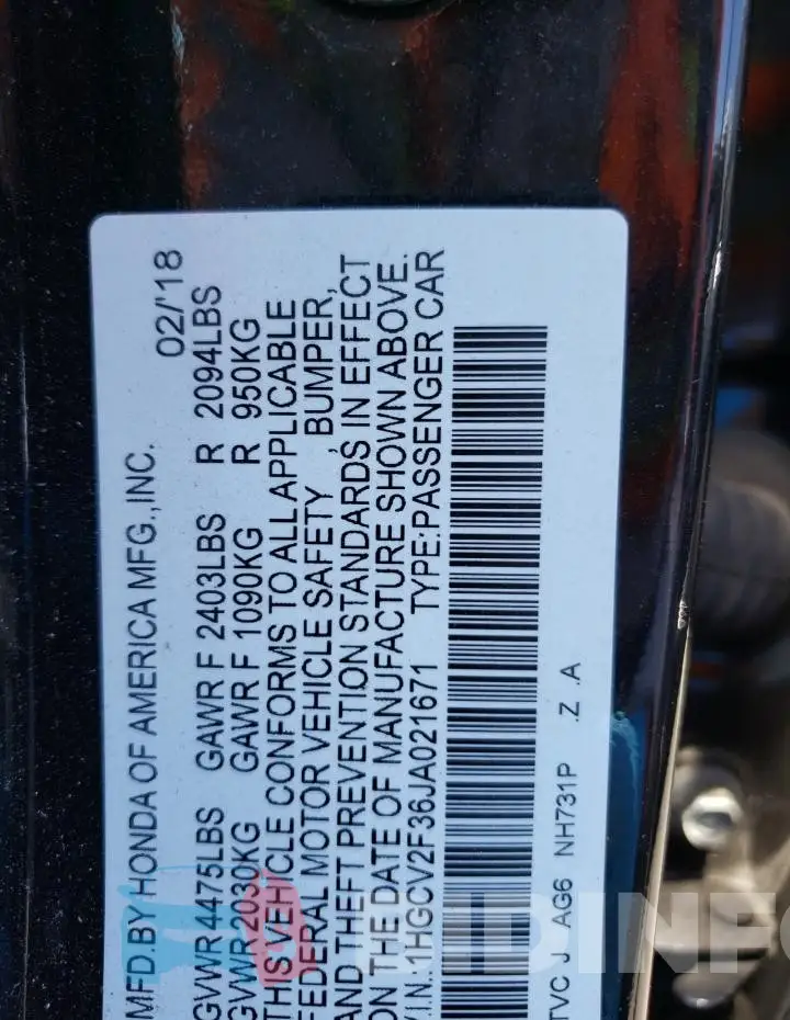 1HGCV2F36JA021671 Photo# 12