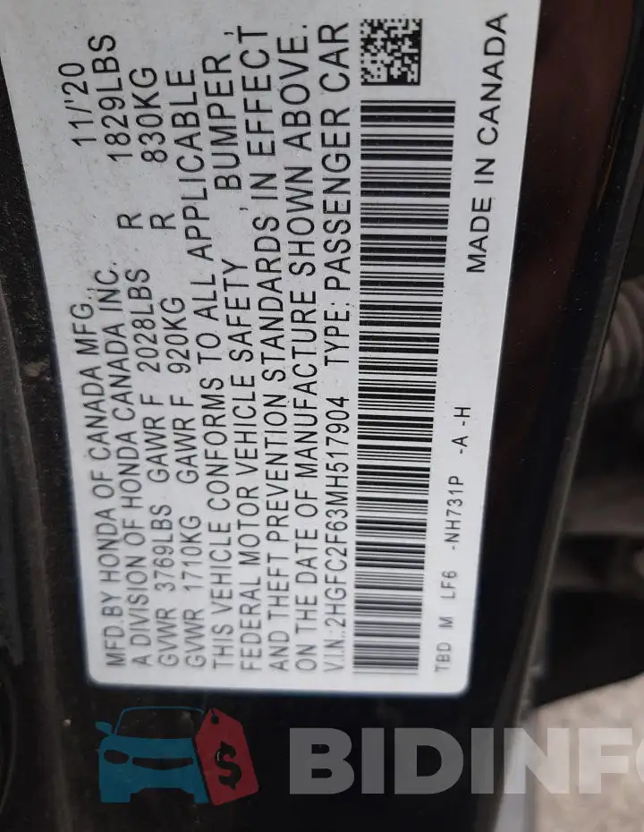 2HGFC2F63MH517904 Photo# 12