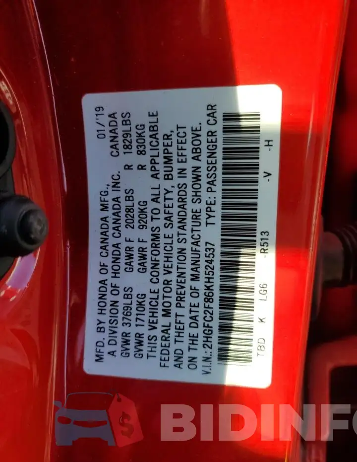 2HGFC2F86KH524537 Photo# 12