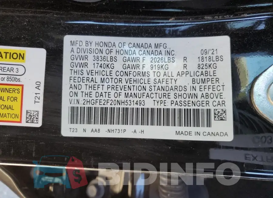 2HGFE2F20NH531493 Photo# 12