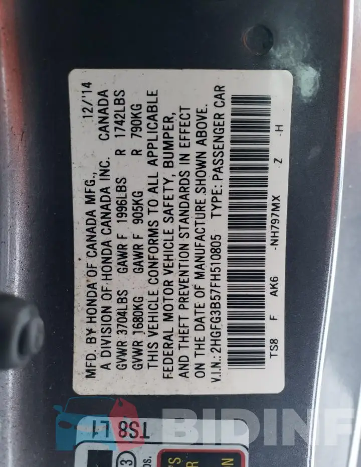 2HGFG3B57FH510805 Photo# 12