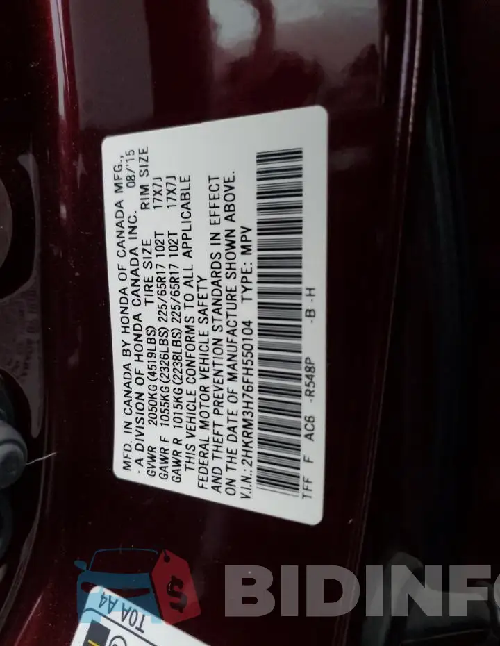 2HKRM3H76FH550104 Photo# 12