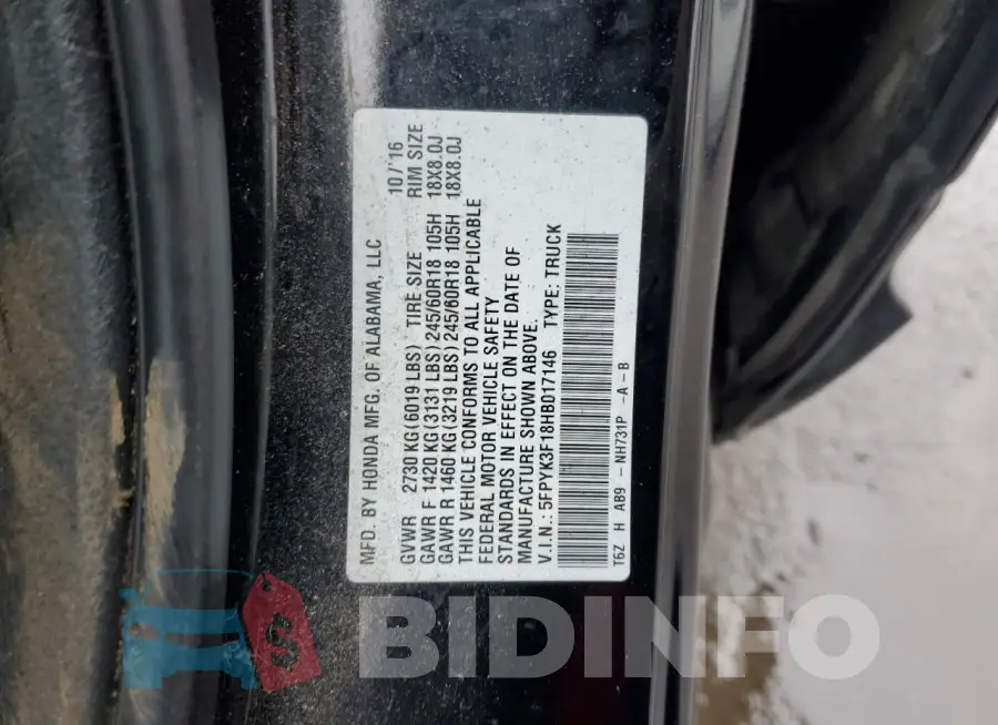 5FPYK3F18HB017146 Photo# 12