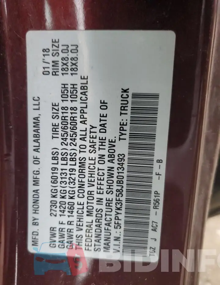 5FPYK3F58JB013493 Photo# 14
