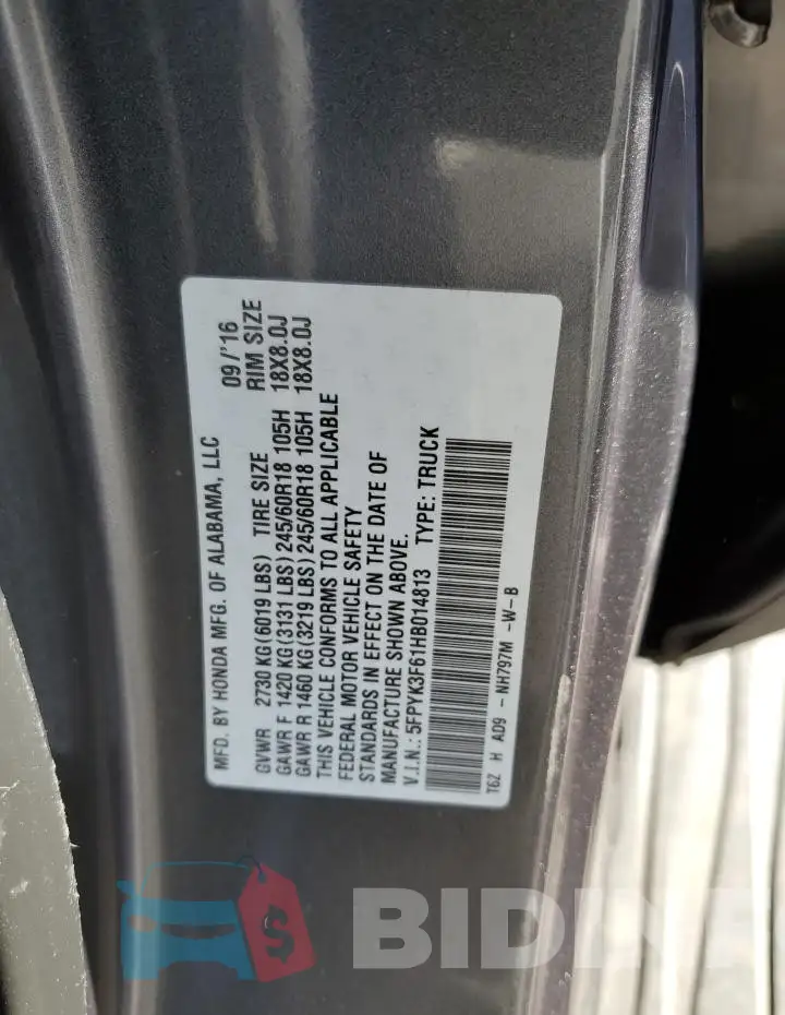 5FPYK3F61HB014813 Photo# 12