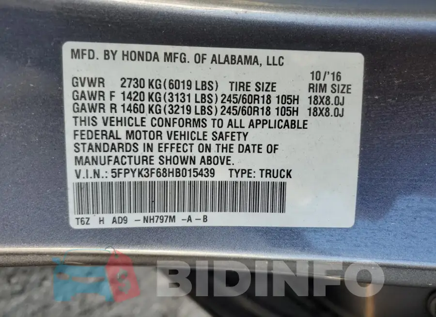 5FPYK3F68HB015439 Photo# 12