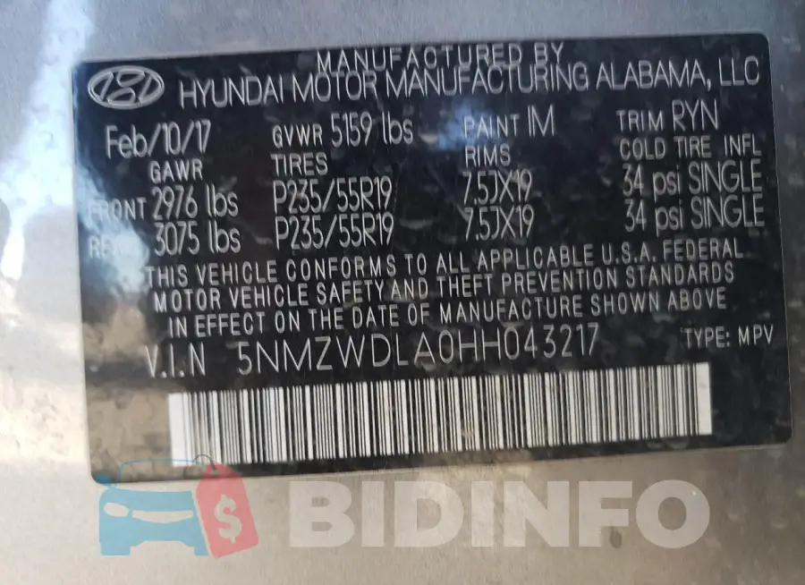 5NMZWDLA0HH043217 Photo# 13