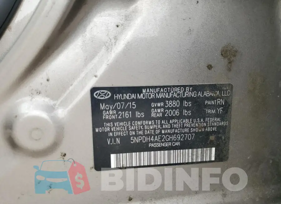 5NPDH4AE2GH692707 Photo# 13