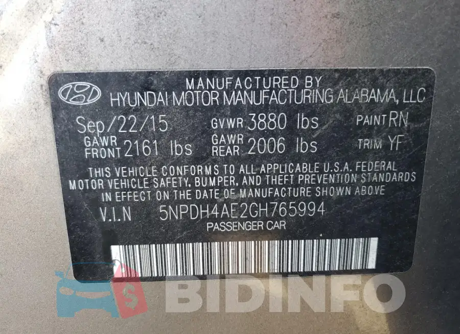 5NPDH4AE2GH765994 Photo# 12