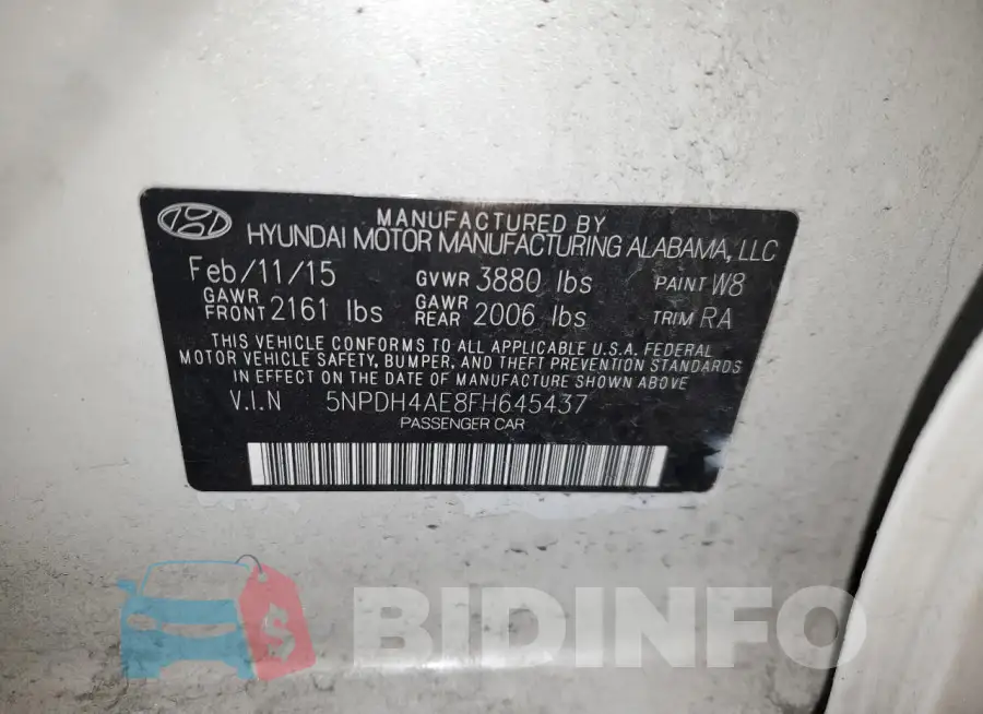 5NPDH4AE8FH645437 Photo# 12