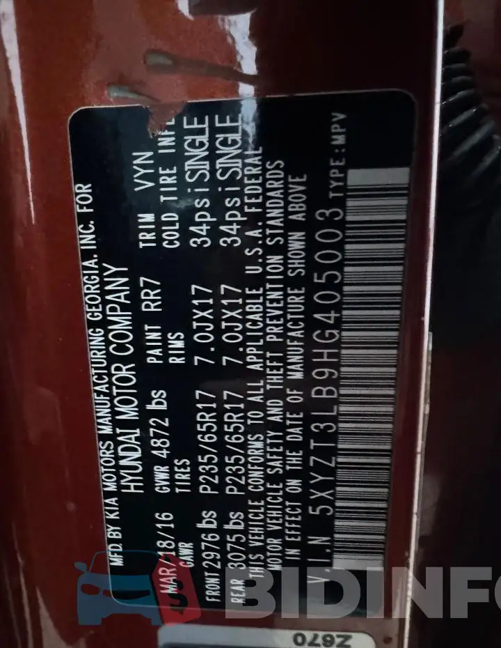 5XYZT3LB9HG405003 Photo# 10