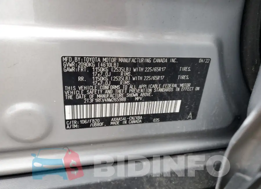 2T3F1RFV4NW265988 Photo# 14