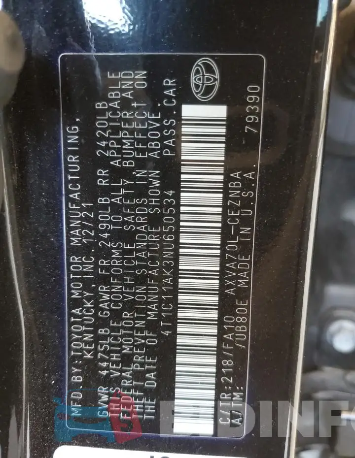 4T1C11AK3NU650534 Photo# 12