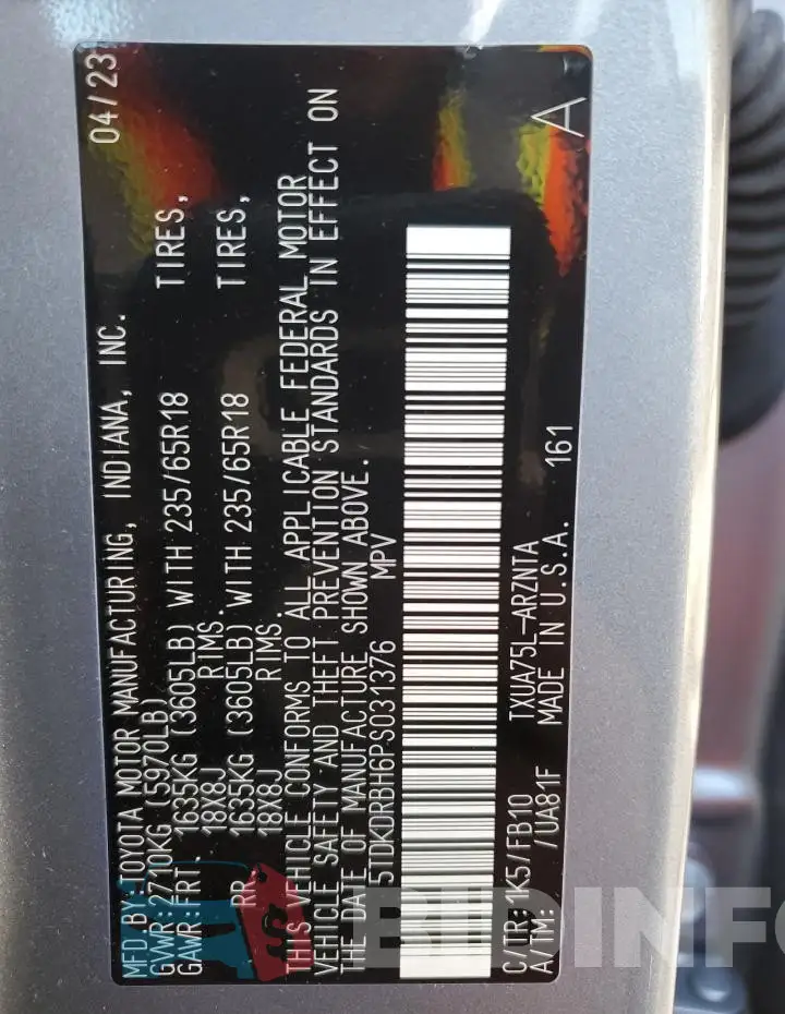 5TDKDRBH6PS031376 Photo# 14
